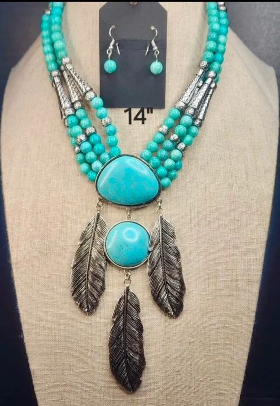 19. Feather Turquoise Statement Necklace Set